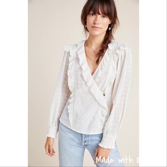 Anthropologie Maeve Women’s Laila Ruffle Wrap Blouse Long Sleeve Ivory 2 - Picture 1 of 5